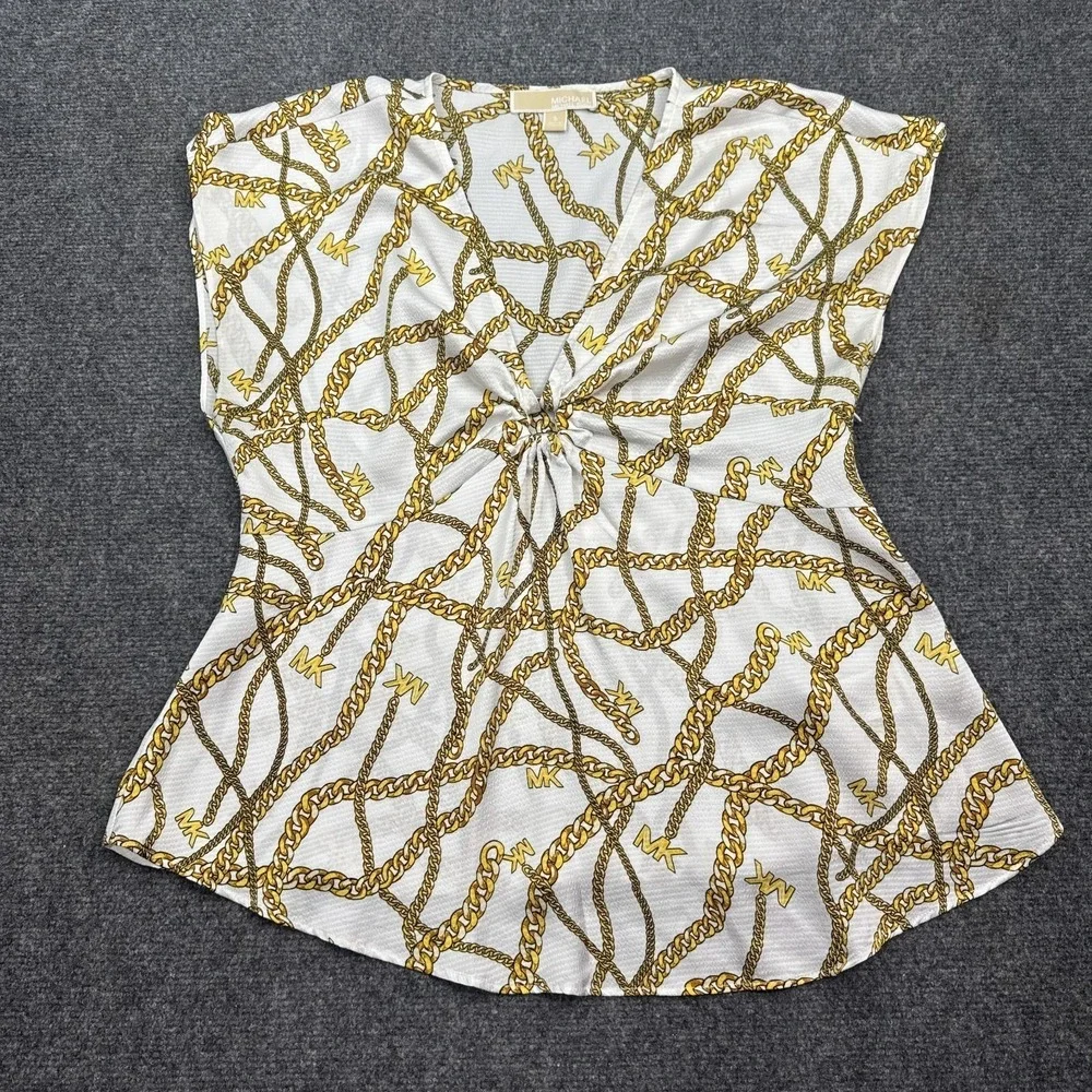 Michael Kors MK‎ Chain Logo AOP Blouse Top Womens Size Small White Gold